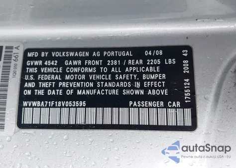 2008 Volkswagen Eos Komfort/Turbo z USA, uszkodzony, nr VIN WVWBA71F18V053595